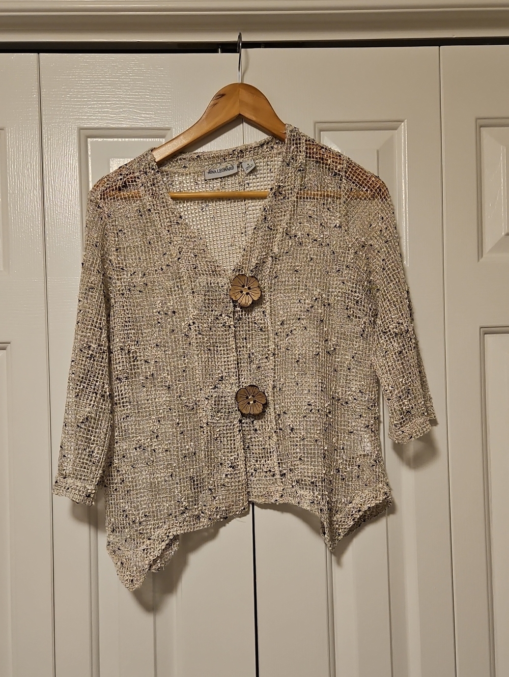 Nina Leonard Cream Open-Knit Button Front Cardigan